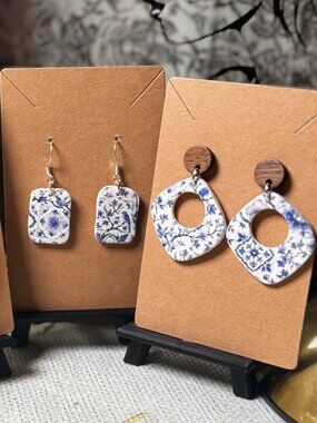 Blue Toile Earrings, Grandmillennial Floral Earrings, and Cottagecore -Handmade
